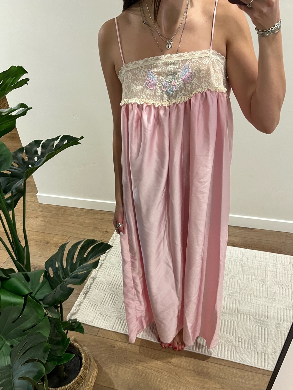 Vintage Oscar de la Renta Pink Satin Lace-Trim Chemise